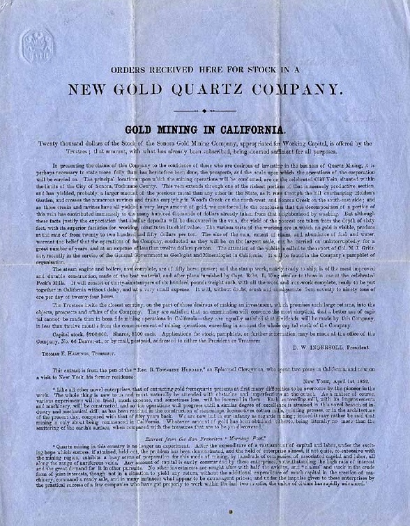 Shows a prospectus for the Sonora Gold Mining Company.
